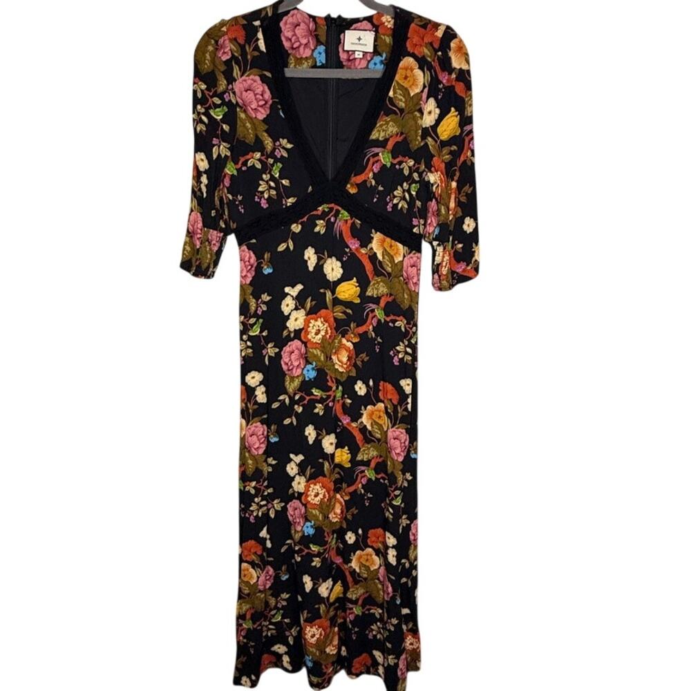 Tuckernuck Floral Lace Trim V-Neck Maxi Dress Medium Black Cottagecore Botanical
